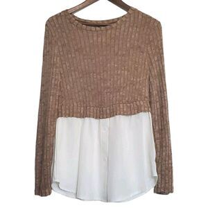 SHEIN 2 Tone Ribbed Knit Top Size L Tan White 2 In 1 Womens